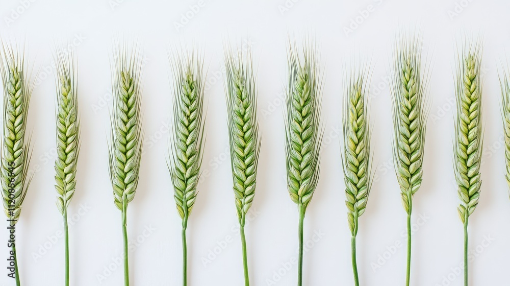 Poster fresh green wheat stalks displayed in a neat row against a clean white background highlighting agric