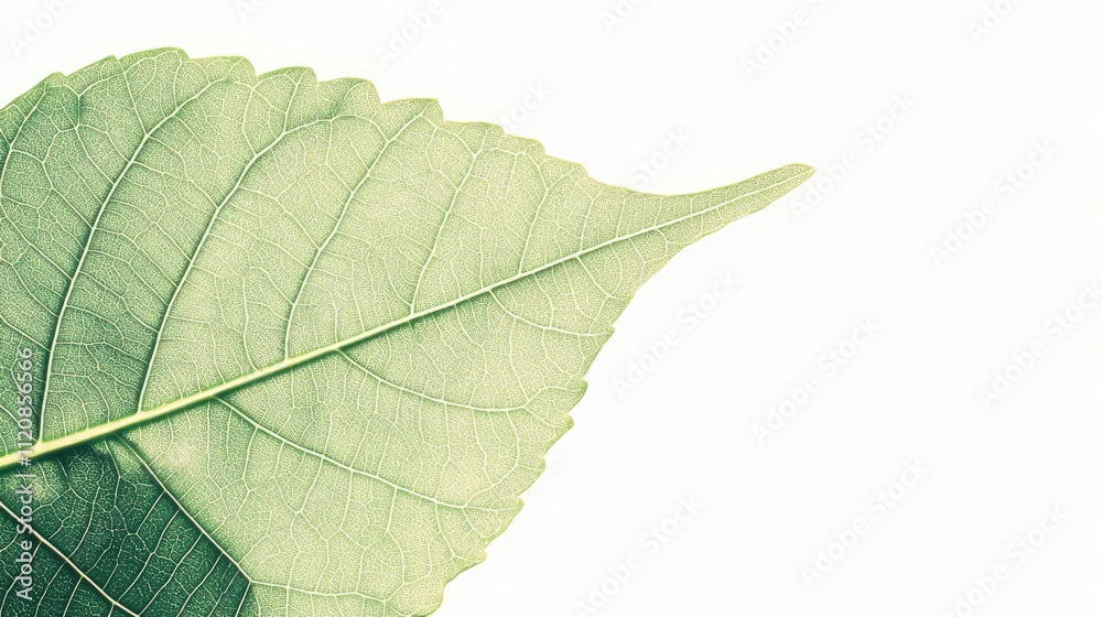 Poster fresh green leaf on a simple white background showcasing natural texture and vibrant colors ideal fo