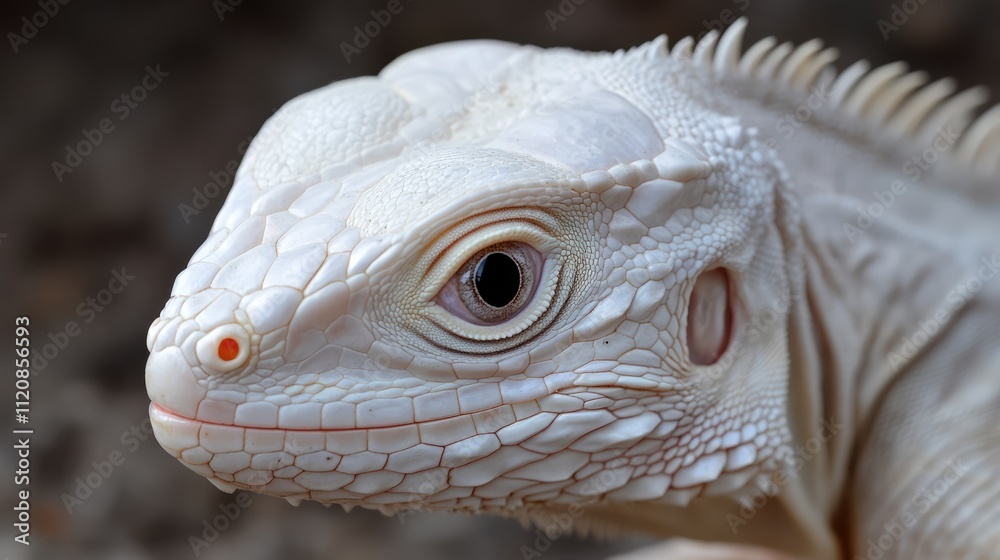 Poster close-up portrait of an albino green iguana showcasing unique features and textures in a pet farm en