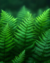 Lush green fern leaves in a dark forest.