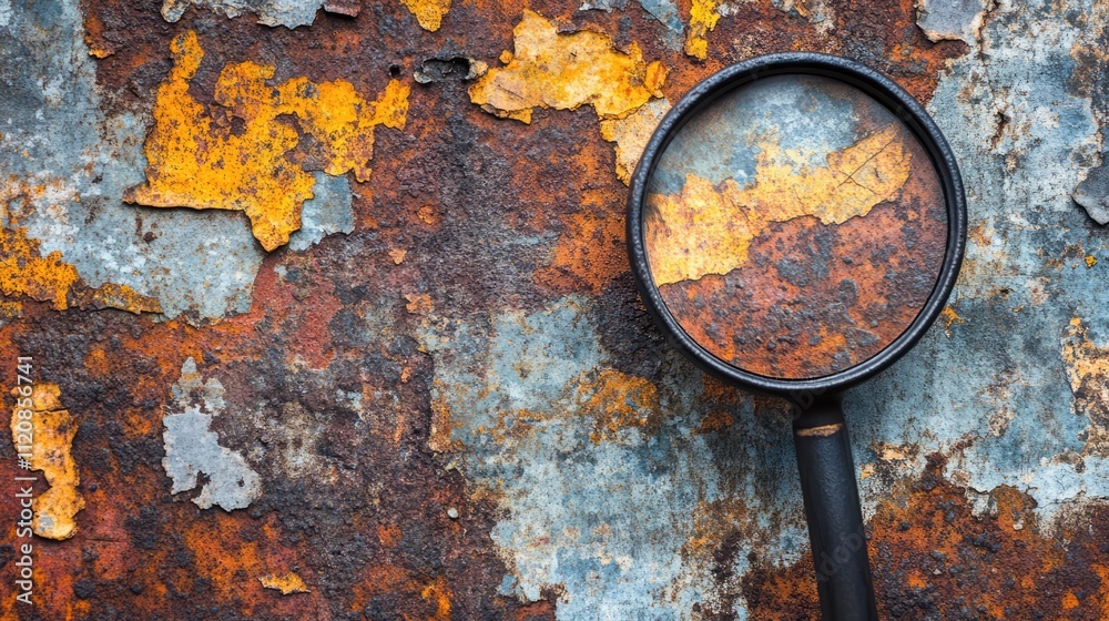 Aufkleber Rusty metal surface with magnifying glass highlighting oxidized texture and vibrant color variations in worn iron background