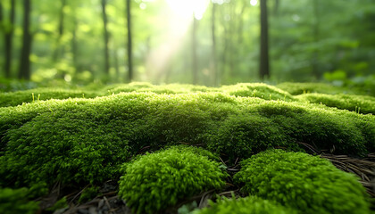 Lush green moss carpet in sunlit forest.