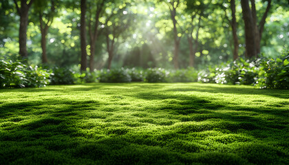 Lush green moss carpet in a sun-dappled forest.