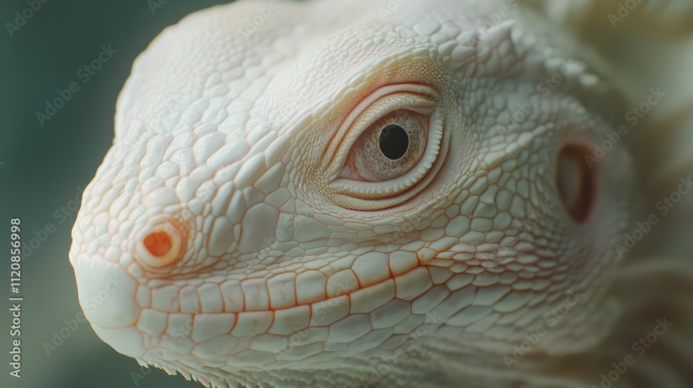 Aufkleber close-up portrait of an albino green iguana showcasing its unique features and textures against a so
