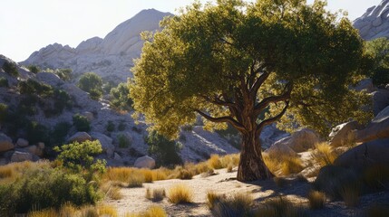 Obraz premium Joshua Tree under sunlight in mountainous landscape of Joshua Tree National Park showcasing natural beauty and desert flora.
