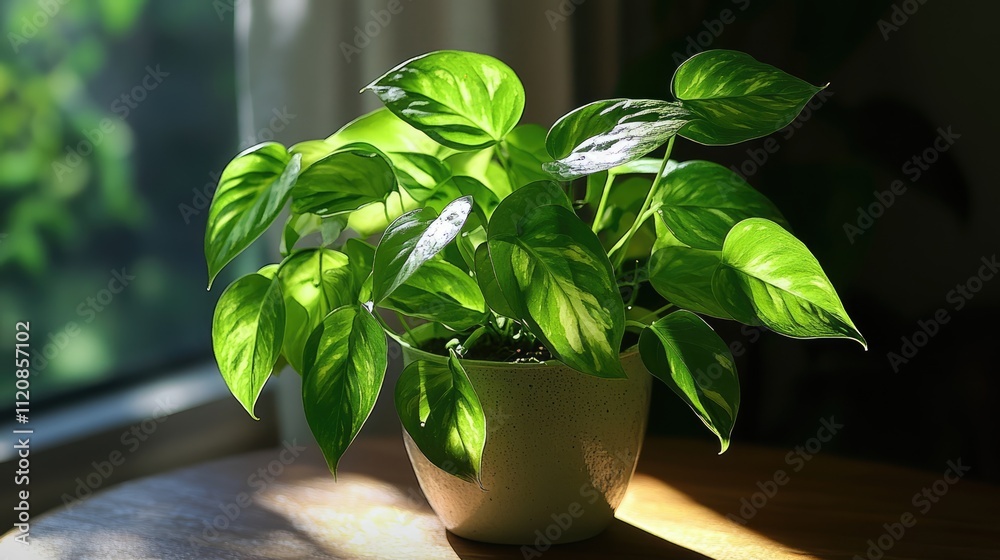 Poster sunlight illuminating lush green indoor plant leaves in a cozy home setting creating a warm and invi