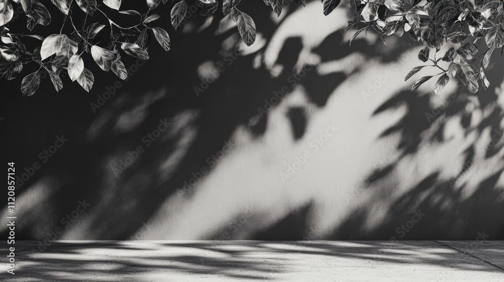Aufkleber shadows of leaves on a wall and sidewalk in monochrome creating a serene outdoor atmosphere ideal fo