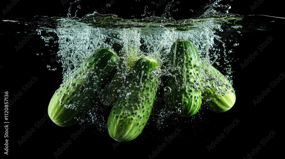 Aufkleber Fresh cucumbers submerged in water creating dynamic splashes and droplets against a black background for a vibrant culinary theme.