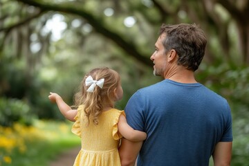 Little girl in yellow sundress clutching father arm in park