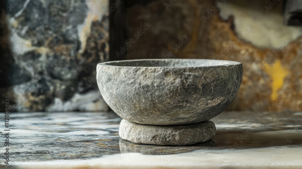 Poster Grey stone mortar displayed on a textured surface highlighting its rustic elegance and traditional craftsmanship in kitchen decor.