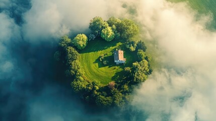 Aerial view of a serene green field with a home icon surrounded by trees and mist representing real estate and dream property concepts