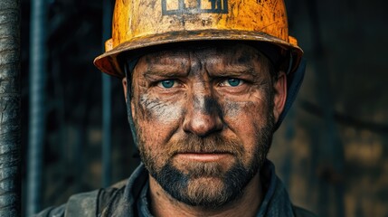 Fototapeta premium Portrait of a rugged male construction worker in a helmet displaying determination and resilience on a job site with a dirt-streaked face