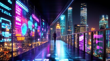 Obraz premium Futuristic cityscape with neon lights and digital displays illuminating the night skyline.