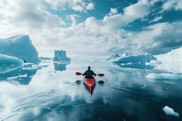 Kayaker in red kayak paddling through icy waters surrounded by icebergs and cloudy sky