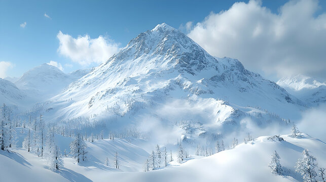 Majestic snow-capped mountain peak with pristine slopes and snow-covered pine trees under a vibrant blue sky.