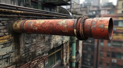 Rusty iron pipe extending from a weathered building roof showcasing urban decay and industrial elements in a densely populated area.