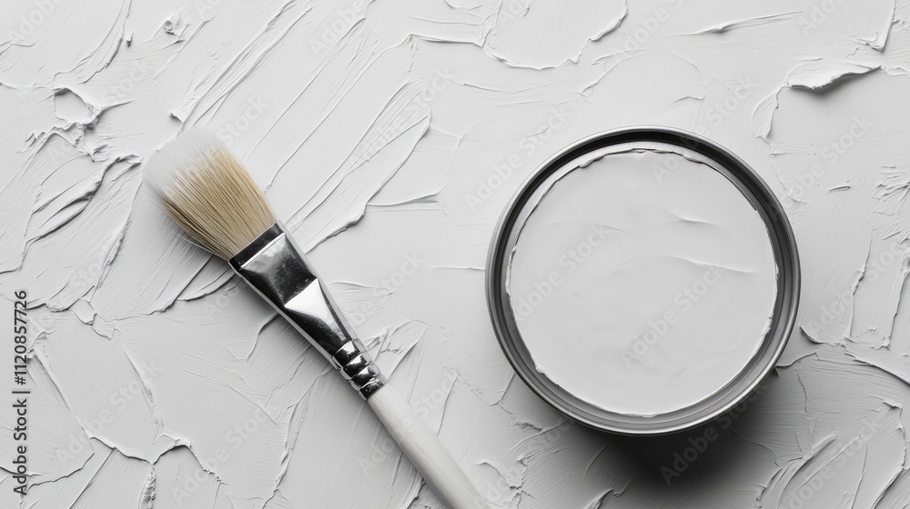 Poster grey paint can with brush on textured white background showcasing strokes of paint in an artistic fl