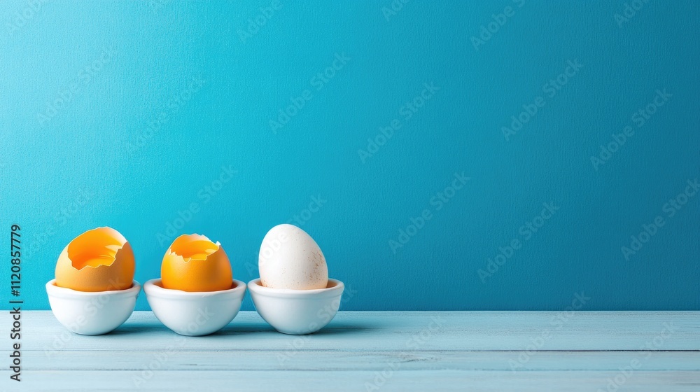 Aufkleber hard boiled eggs in cups with blue background showcasing simplicity and freshness for culinary or br
