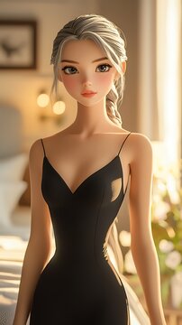 Stunning 3D Render of a Young Woman with Blonde Hair in a Little Black Dress.