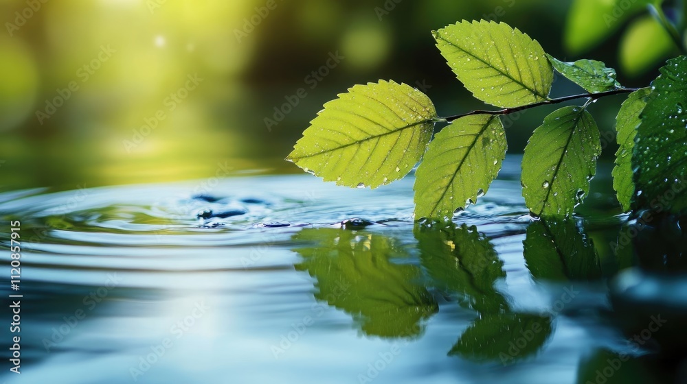Poster green leaves gently resting on tranquil water surface creating a serene natural reflection in soft s