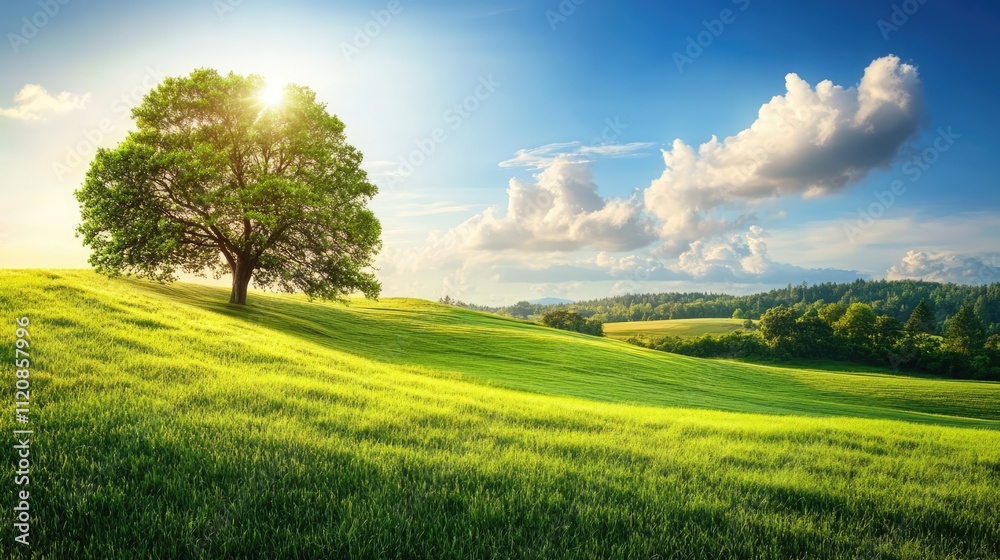 Aufkleber lush green grass field under a vibrant sky with a solitary tree and soft sunlight illuminating the s