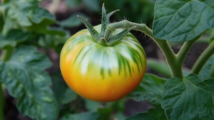 Ripening heirloom tomato on vine in greenhouse surrounded by lush green foliage showcasing agricultural growth and cultivation techniques