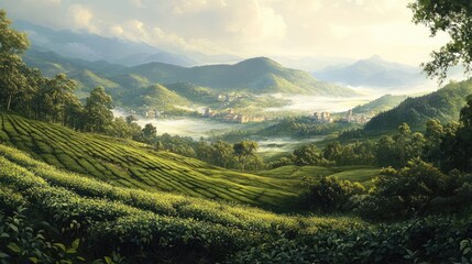 Obraz premium Vast Green Tea Plantation Landscape Surrounded by Mountains and Misty Valleys at Sunrise