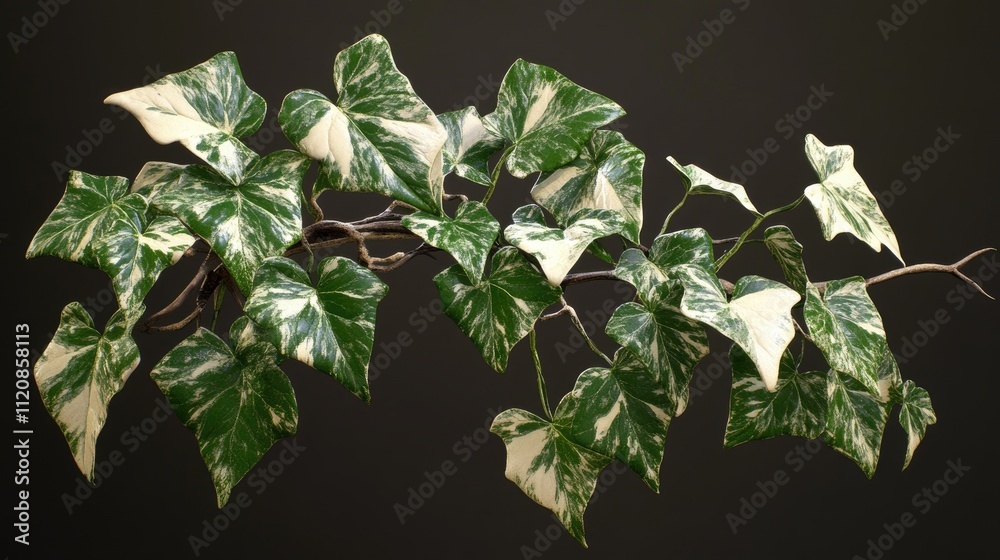 Poster variegated hedera helix ivy leaves showcasing vibrant green and white patterns against a dark backgr