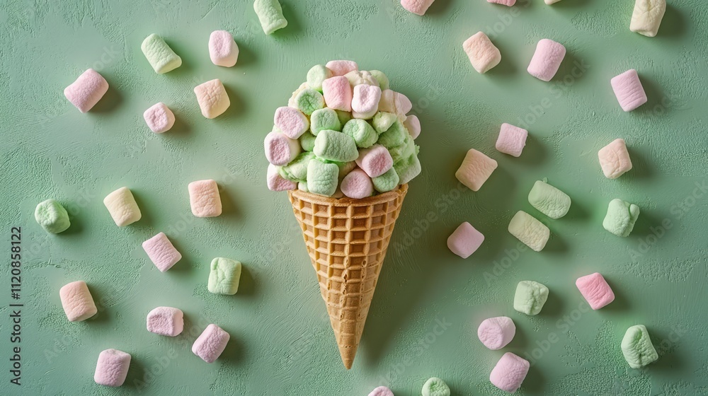 Aufkleber Colorful marshmallow ice cream cone on a pastel background with scattered marshmallows creating a fun celebration theme and ample copy space.