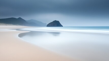 Fototapeta premium Calm long exposure seascape featuring a solitary sea stack and serene beach under a moody sky with gentle waves.