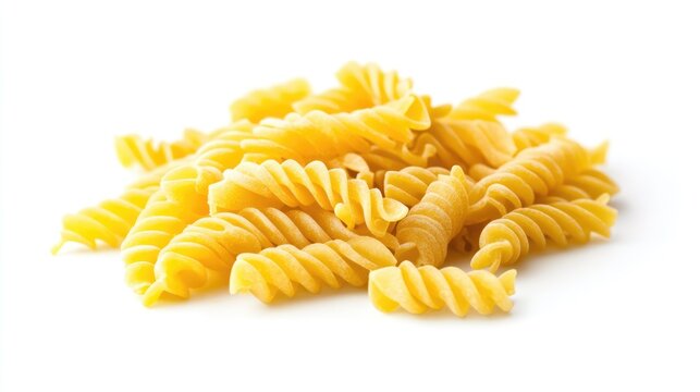 Colorful fusilli pasta arranged artistically on a clean white background ideal for culinary and food-related designs or advertisements.