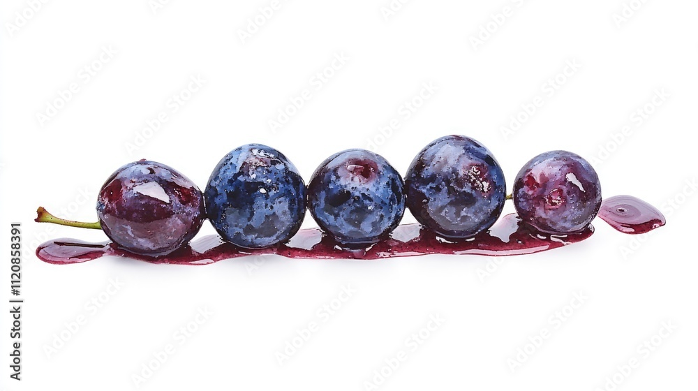 Poster fresh dark blue grapes arranged on a white background with juice droplets showcasing their vibrant c