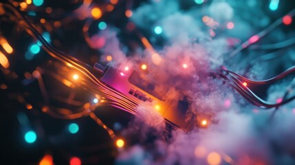 Colorful network cables and switch amid smoke and lights symbolizing global connectivity in a dark digital environment