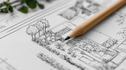 Landscape architecture garden design blueprint with detailed planting plan and pencil on paper