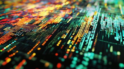 Stock market losses displayed in vibrant teletext format with colorful data visualization close-up from a top view perspective