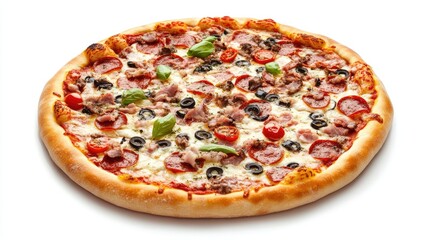 Delicious pizza topped with sausage meat cheese tomatoes and olives garnished with fresh basil on a wooden serving board