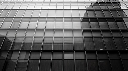 Modern Architectural Facade with Reflective Glass and Metal Structures in Monochrome Design