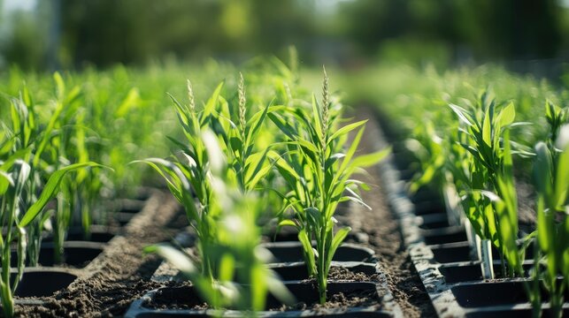 One-year-old Setaria cereal plants cultivated in neat rows in a greenhouse, featuring vibrant green foliage and nutrient-rich soil, agriculture, botany, crop growth.