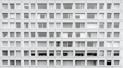Contemporary office building facade with repetitive rectangular windows showcasing minimalistic architectural design and urban living space.