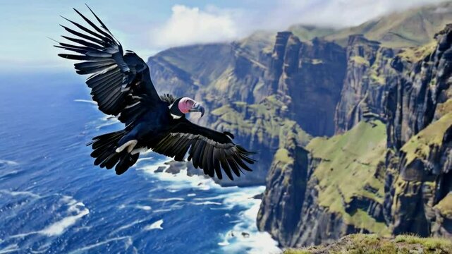 Andean condor in flight over dramatic coastal cliffs and ocean.