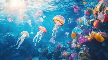 Underwater scene showcasing microplastic pollution with jellyfish among colorful plastic debris highlighting the environmental impact on marine life.