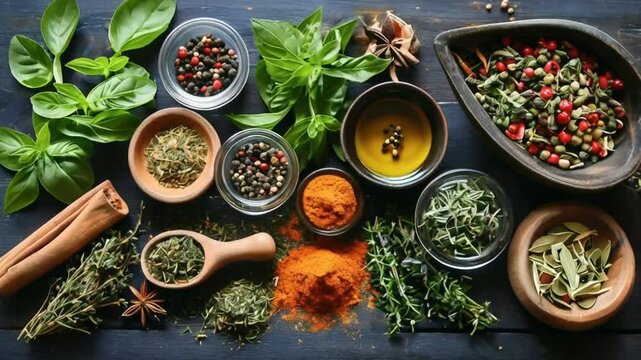 Aromatic herbs and spices assortment on dark wood.