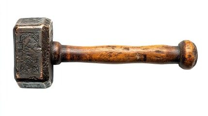 Vintage wooden hammer with intricately designed metal head on a clean white background for craftsmanship and tool concepts