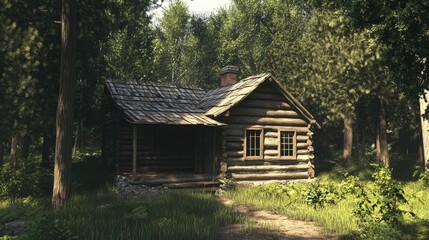 Obraz premium Rustic log cabin nestled in a serene forest surrounded by lush greenery and sunlight filtering through the trees