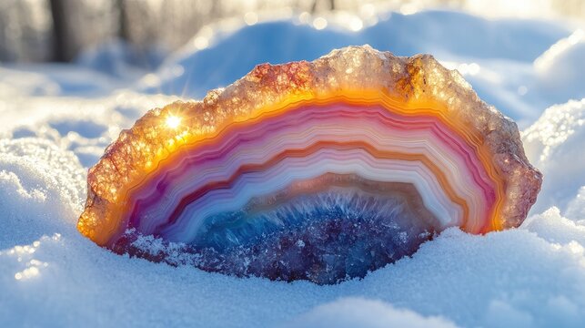 Multicolored agate chalcedony gem glistening in sunlight on a snowy winter landscape showcasing vibrant layers and icy texture