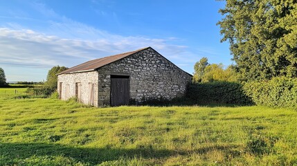 Obraz premium Rustic stone barn under bright sunlight in lush Irish countryside landscape on a clear day