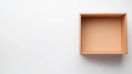 Fototapeta premium Open empty brown cardboard box on a clean white background, featuring a rectangular shape ideal for storage or packaging, minimalistic design, product packaging, shipping, organizational use.