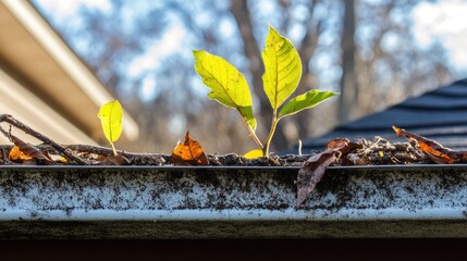 Gutter obstruction with tree leaves and debris showcasing sapling growth amidst mold and mildew in an urban environment