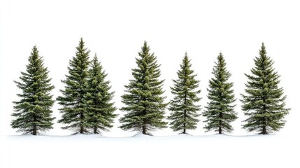 Obraz premium Isolated coniferous trees in a row with snow on the ground set against a clean white background for nature and seasonal concepts