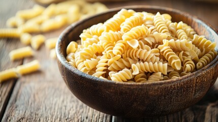 Homemade pasta displayed in a wooden bowl on a rustic table with selective focus and a blurred background for a cozy dining atmosphere